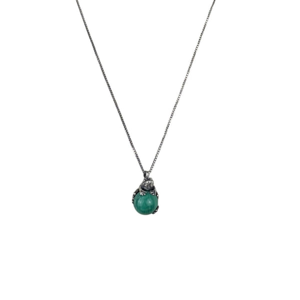Sterling Silver 925 Womens Green Malachite Frog Pendant Necklace