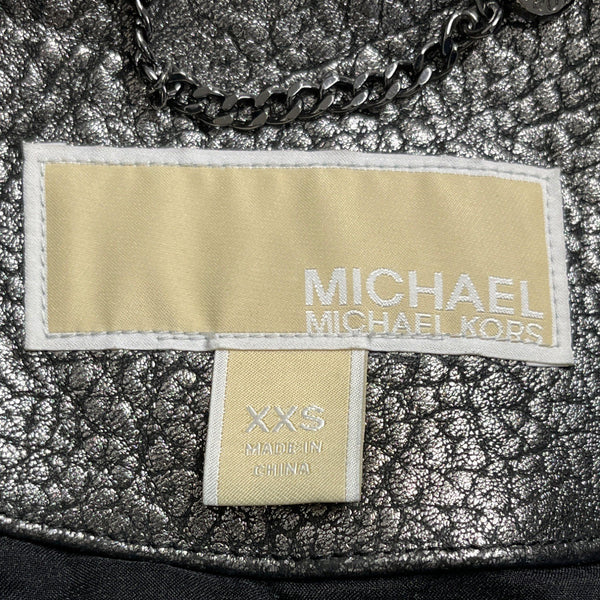 Michael Kors Silver Leather Moto Jacket Belted Zippers Stylish Modern Sz XXS