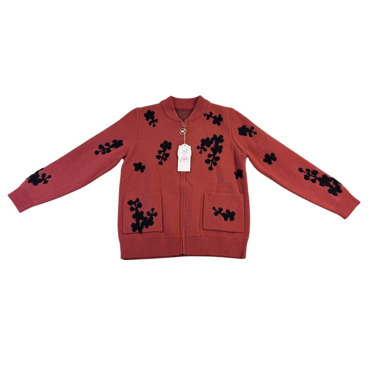 Womens Rust & Black Embroidered Pattern Knit Cardigan With Zipper & Pockets