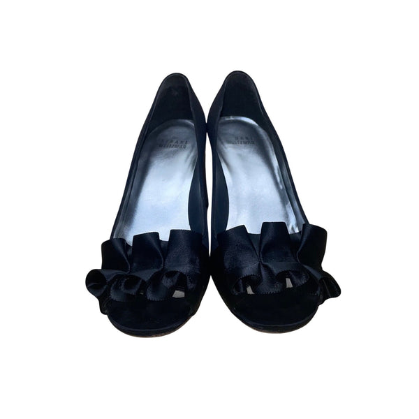 Stuart Weitzman Women’s Black Satin With Pleated Bow Peep Toe Heels Size 7M