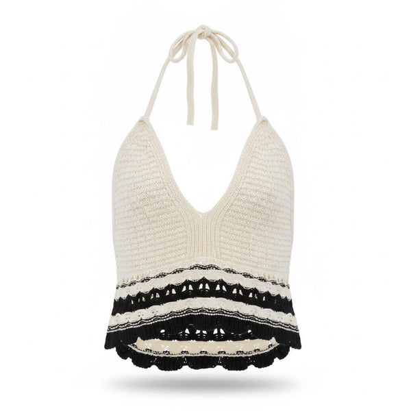 Sincerely Jules Womens Ivory & Black Crochet Halter Top Scallop Trim Size S