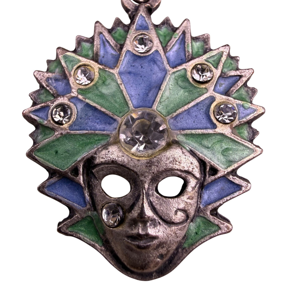 Handcrafted Womens Silver Tone Blue Green Crystal Mask Dangle Earrings