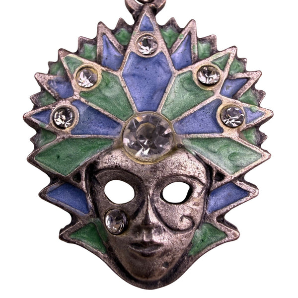 Handcrafted Womens Silver Tone Blue Green Crystal Mask Dangle Earrings