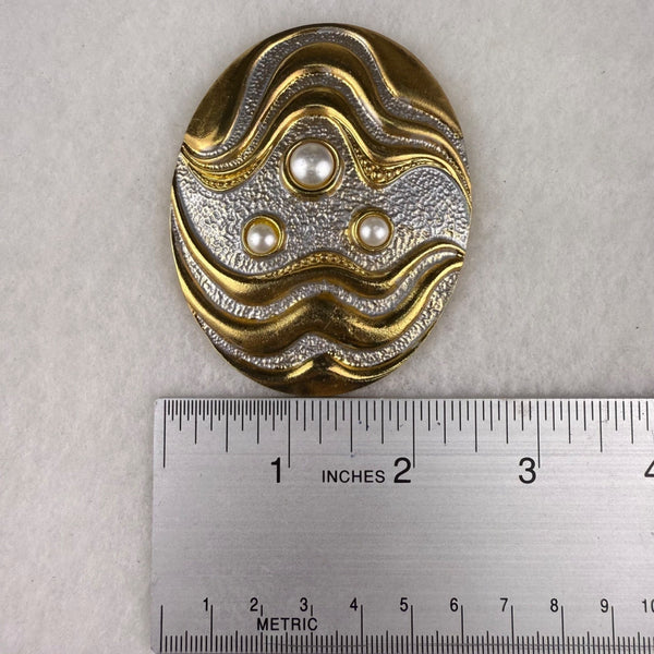 Vintage HR Gold & Silver Oval Belt Buckle With Pearl Accents