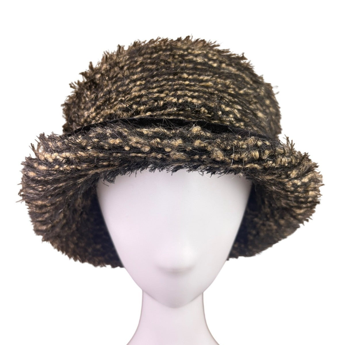 Heaslip Womens Black Beige Acrylic Nylon Textured Cloche Bucket Hat Retro Style