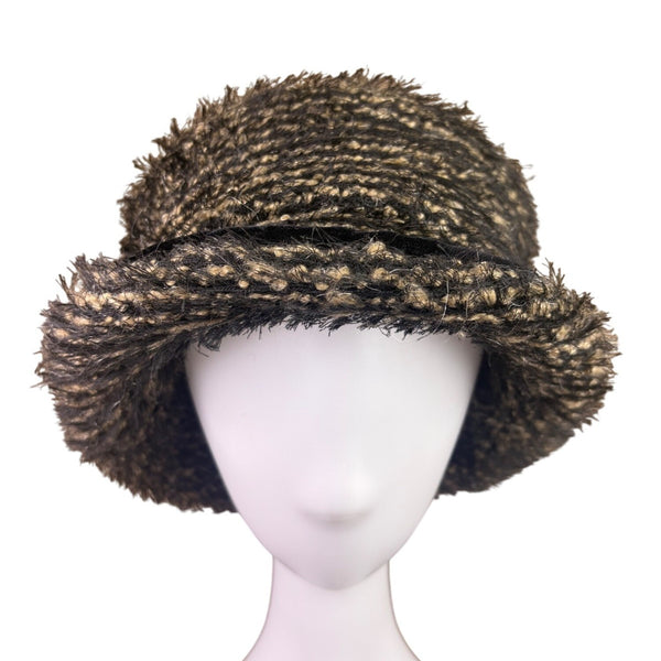 Heaslip Womens Black Beige Acrylic Nylon Textured Cloche Bucket Hat Retro Style