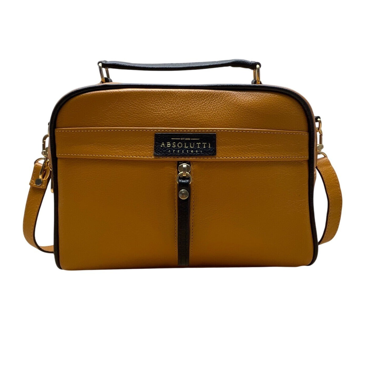 Absolutti Camel Brown & Black Faux Leather & Gold Zipper Crossbody Camera Bag