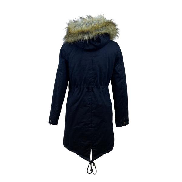 Boohoo Women's Black Faux Fur Hooded Parka Jacket Full-Zip Drawstring Waist Sz 4