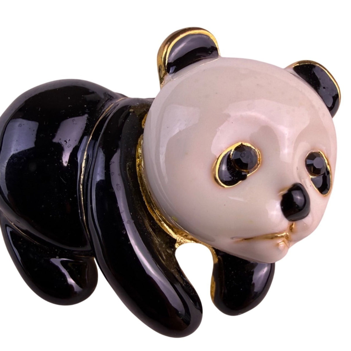 Gold Tone Enamel Panda Brooch With Rhinestone Accents Black & White Unique Pin