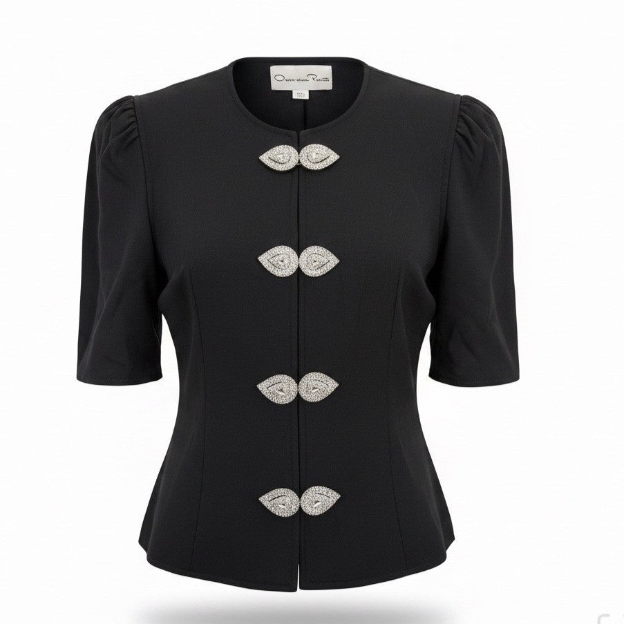 Oscar De La Renta Womens Black Silk Jacket With Beaded Button Accents Size 6