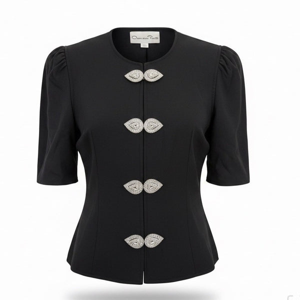 Oscar De La Renta Womens Black Silk Jacket With Beaded Button Accents Size 6