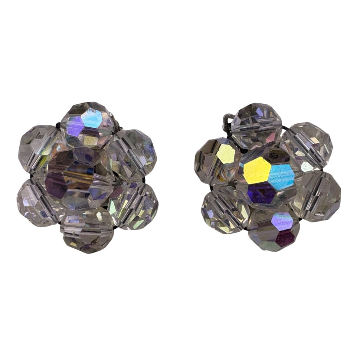 Aurora Borealis Womens Crystal Necklace & Clip-On Earrings Vintage Set Silver To