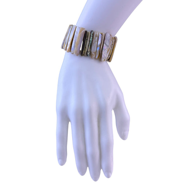 Vintage Womens Beige White Natural Shell Stretch Bracelet  Handmade Unique