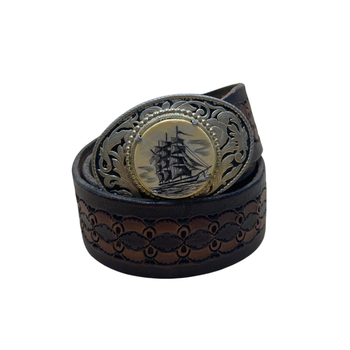 Brown Leather Mens Embossed Belt W/ Gold Oval Ship Engraved Buckle