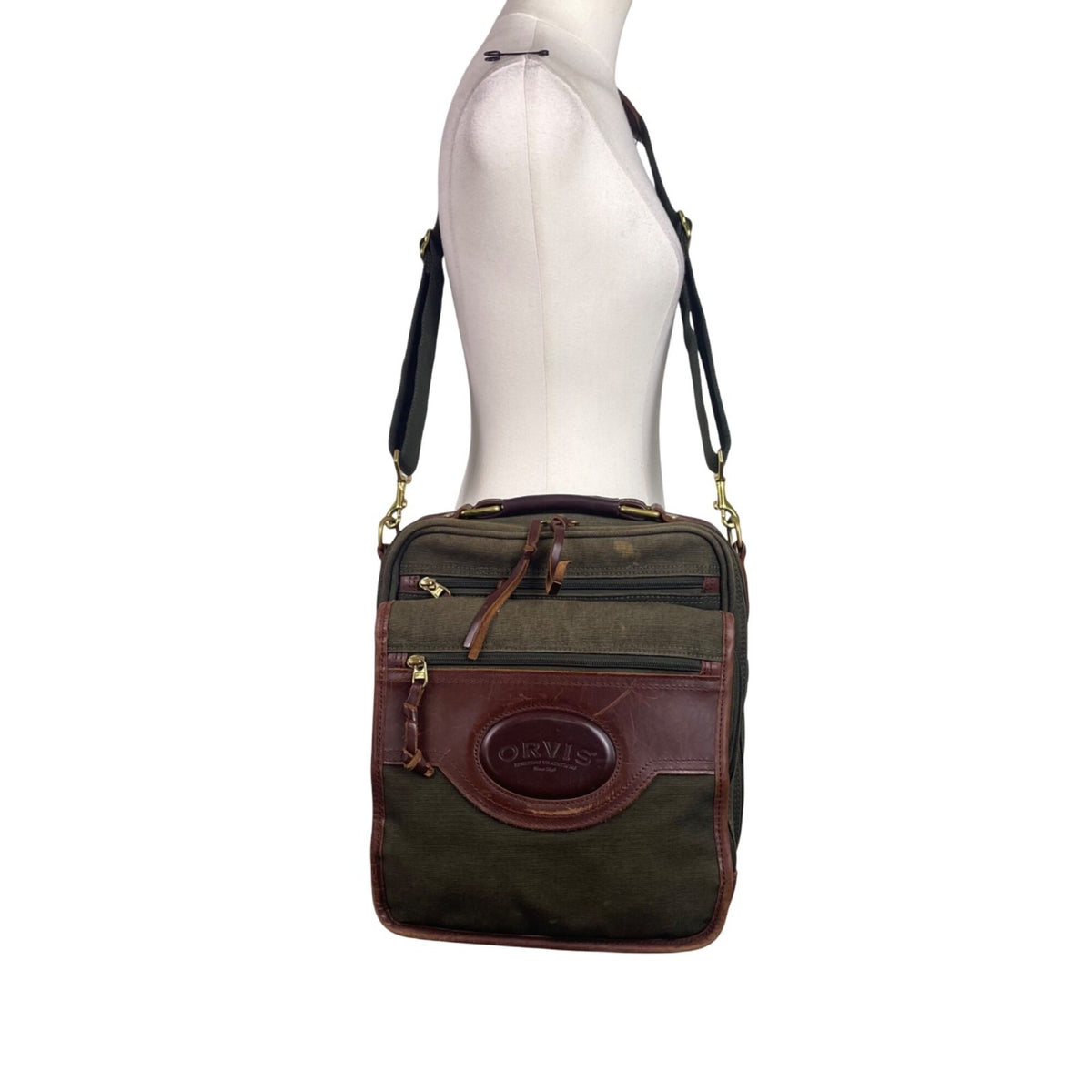 Orvis Men’s Olive Canvas &  Brown Leather With Adjustable Strap Crossbody Bag