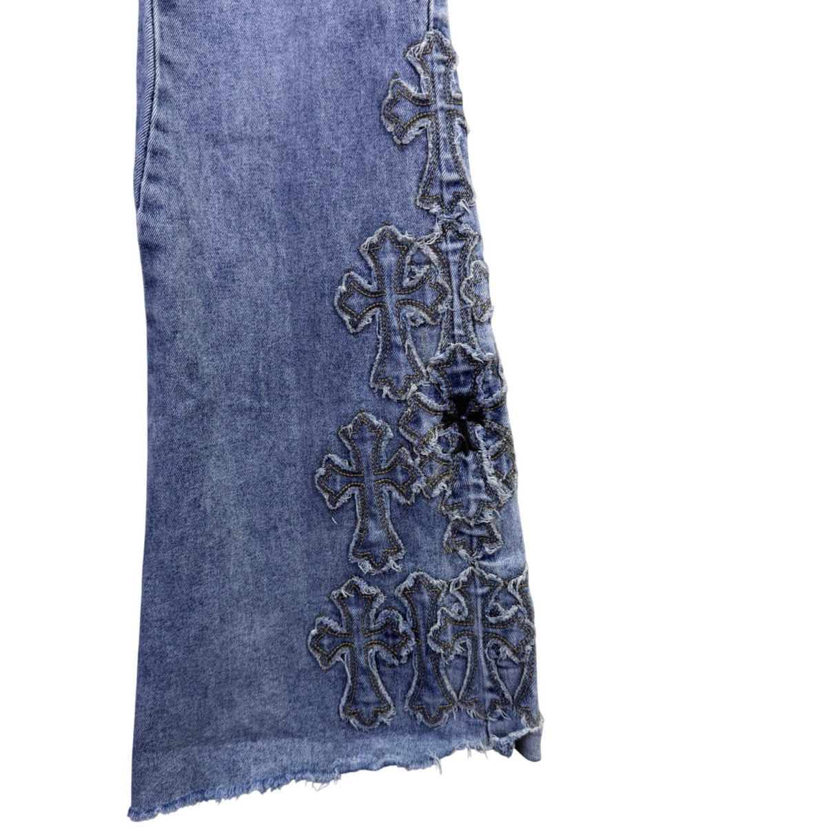 Bamboo Womens Blue Denim Embroidered Flare Jeans Raw Hem Size 7/28