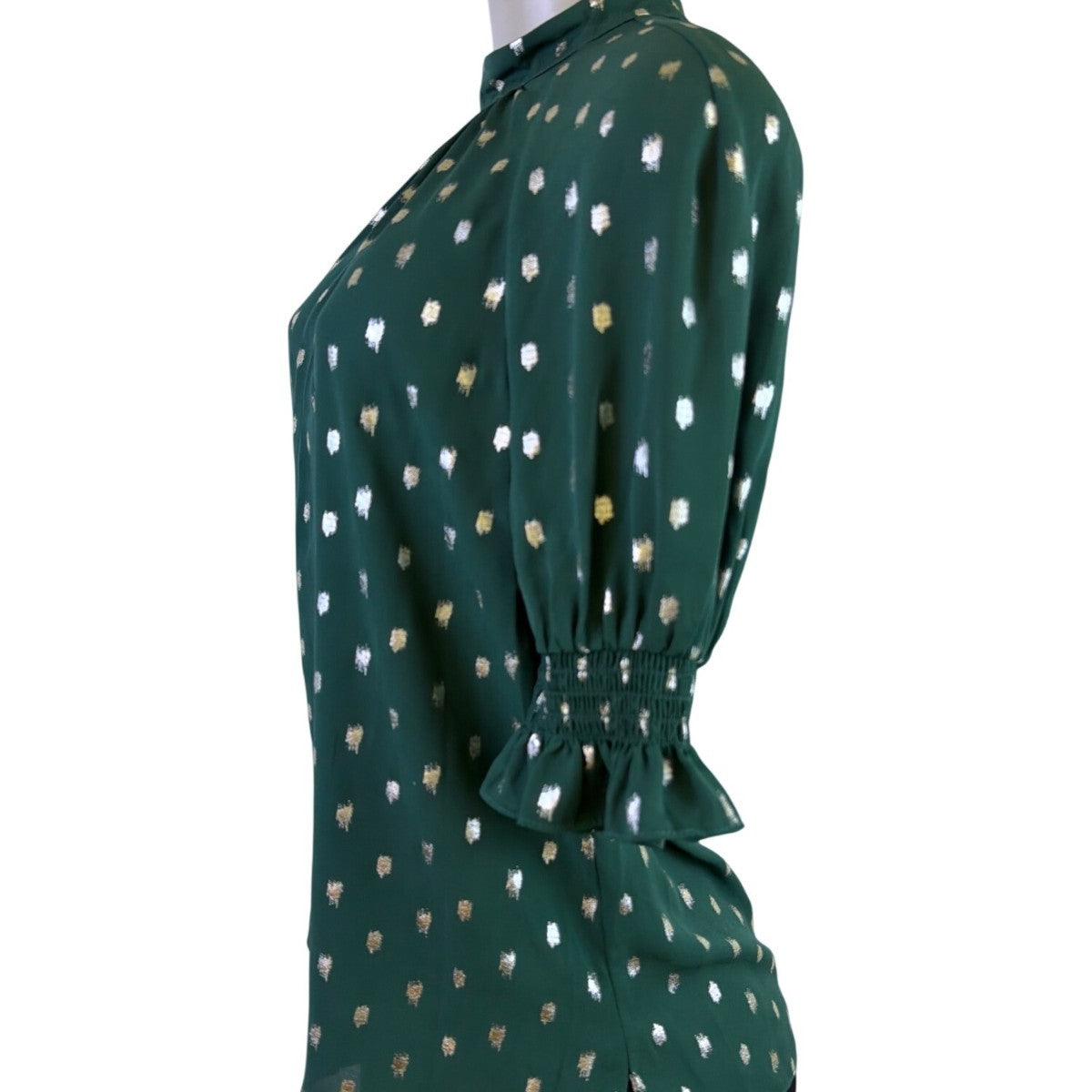Ted Baker Womens Green Puff Sleeve Top Metallic Polka Dot Accent Size 1