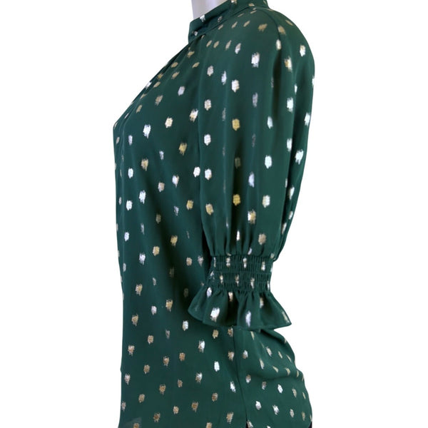 Ted Baker Womens Green Puff Sleeve Top Metallic Polka Dot Accent Size 1