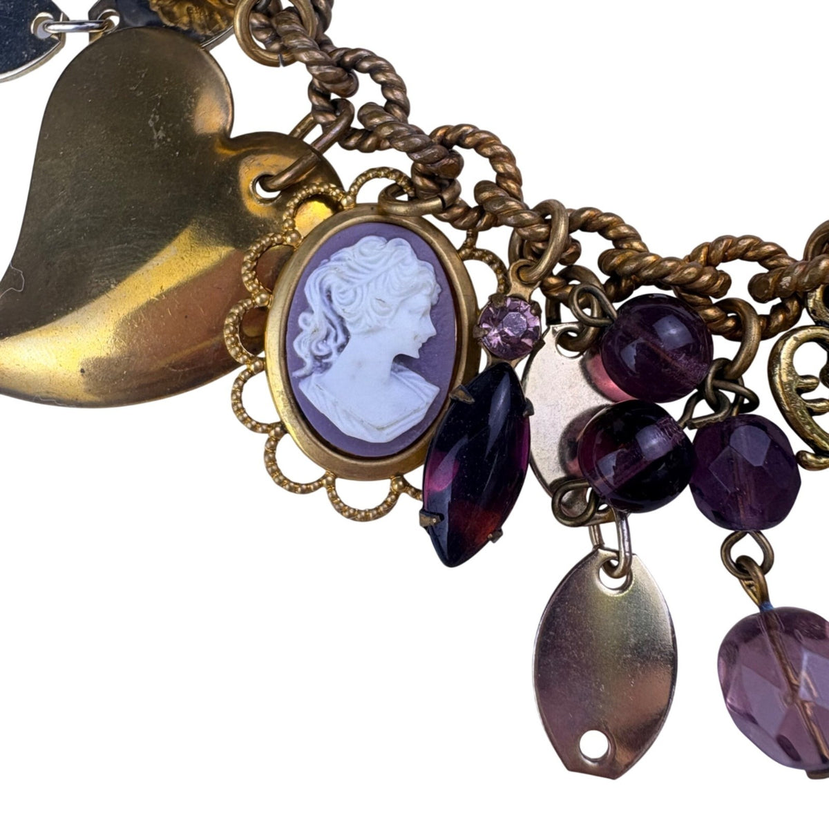 Vintage Womens Gold Tone Copper Charm Bracelet With Purple Cameo & Locket