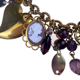 Vintage Womens Gold Tone Copper Charm Bracelet With Purple Cameo & Locket