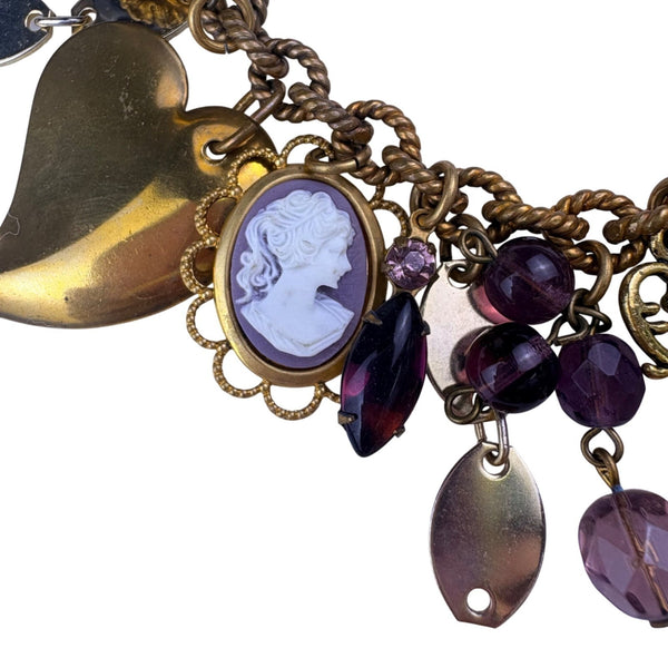 Vintage Womens Gold Tone Copper Charm Bracelet With Purple Cameo & Locket