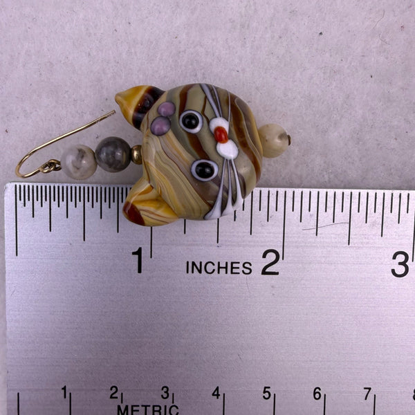 Lampwork Gold Tone Womens Glass Cat Face Dangle Earrings With Beads Handmade