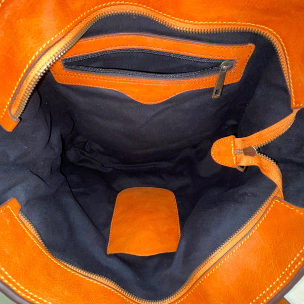 Women’s Orange Leather Adjustable Straps Zip Closure Inner Pockets Tote Bag