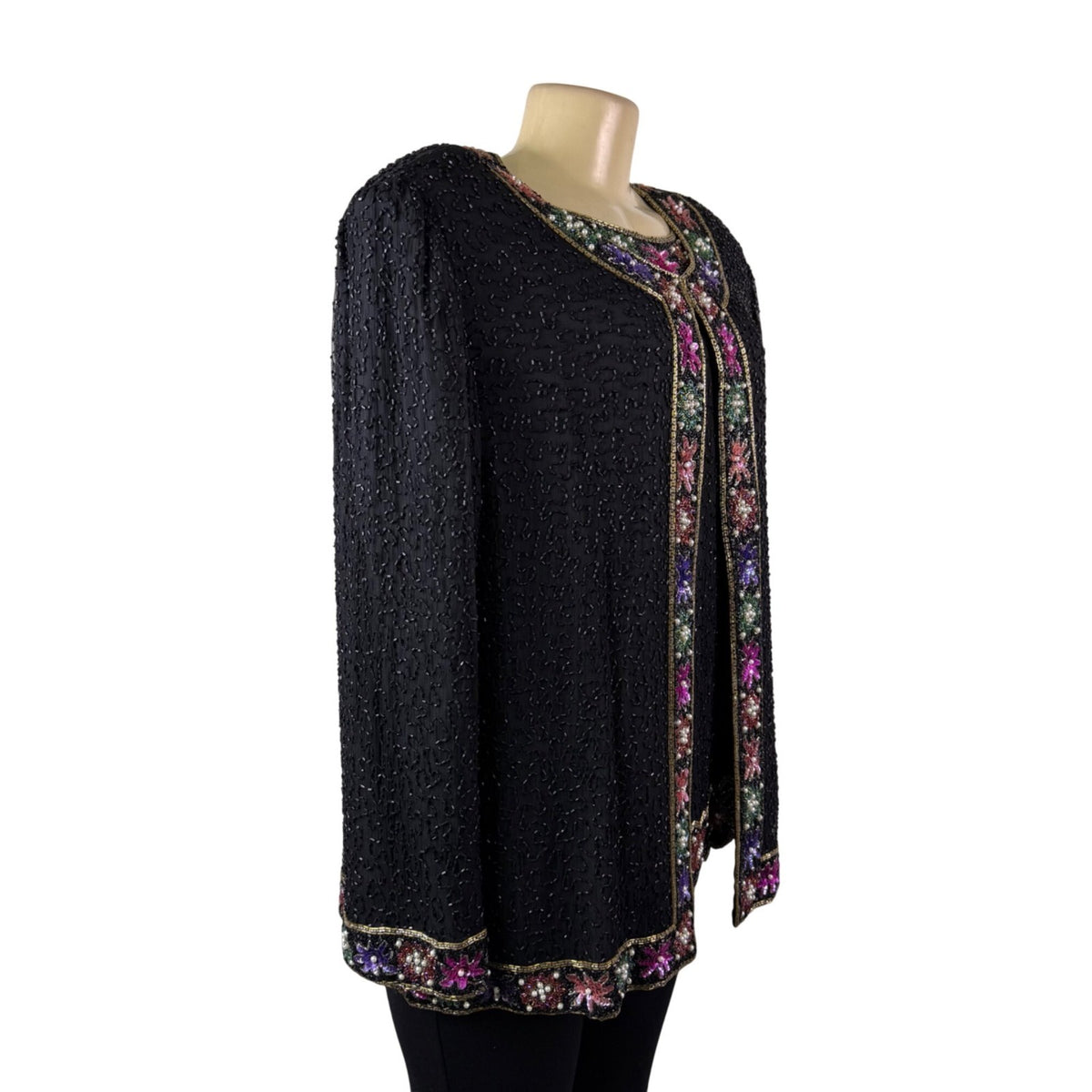 Lawrence Kazar Womens Black Beaded Silk  Jacket & Top Floral Embellished Sz 2X