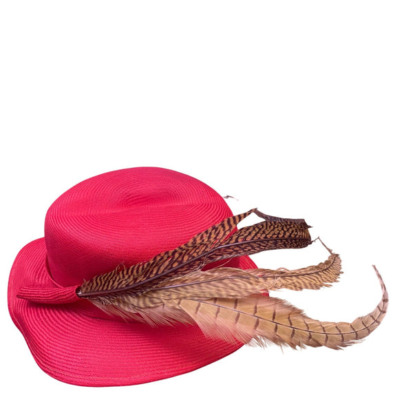 Adolfo II Womens Red Straw Feather-Accent Hat