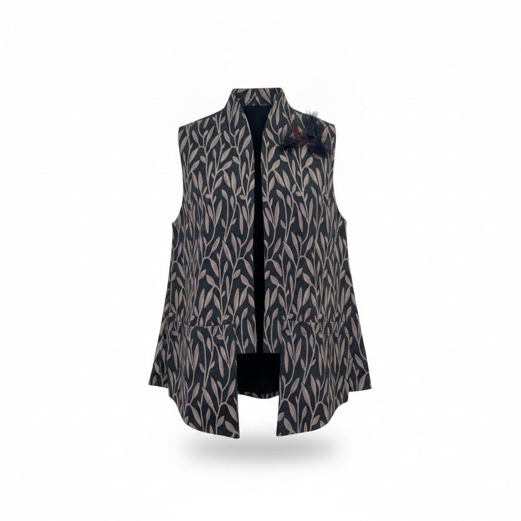 Ahnni Womens Black Taupe Leaf Print Open Front Vest With Tule Accent Size 1