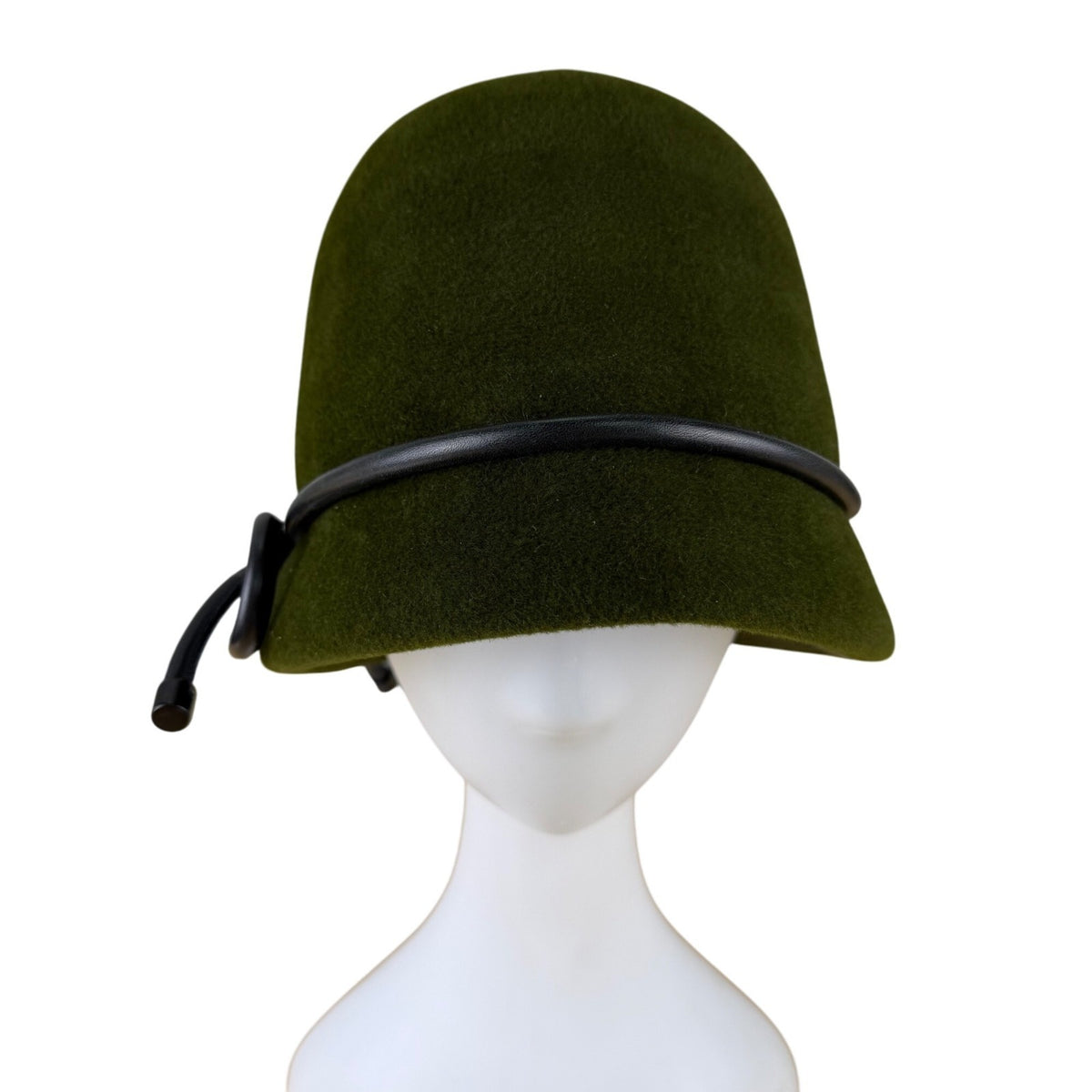 Womens Green Wool Cloche Hat With Black Leather Bow Accent
