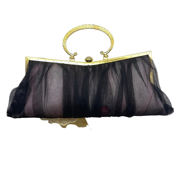 Vintage Black Mesh Fairy Themed Handbag With Gold Frame Unique Evening Bag