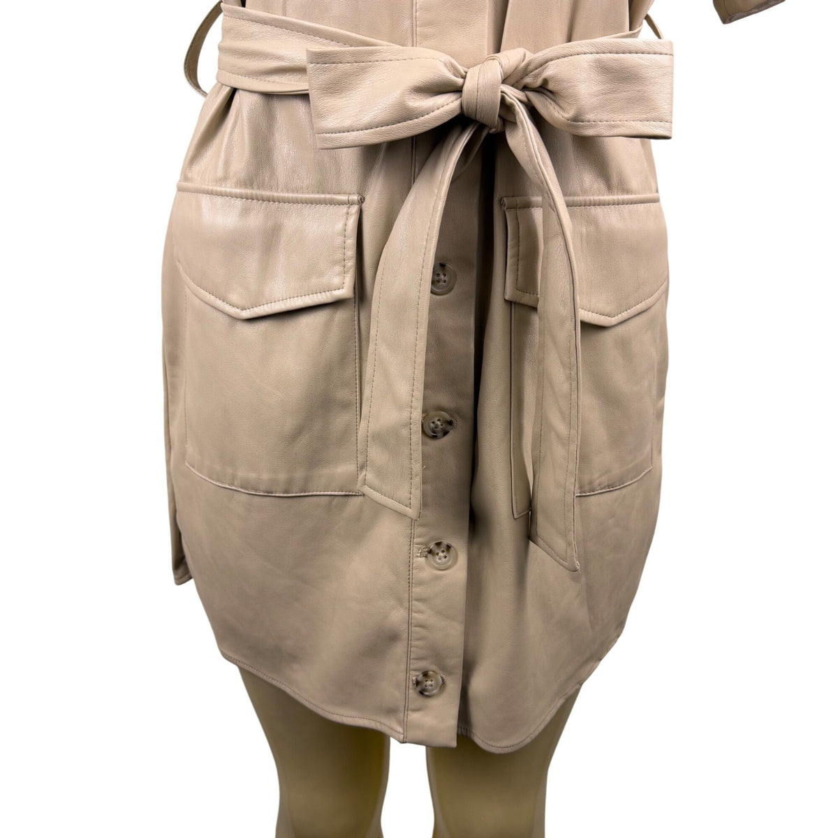 House Of Harlow 1960 Beige Faux Leather Short Sleeve Button-Down Mini Dress Sz S