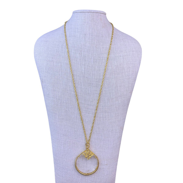 Womens Gold Tone Necklace Magnifying Glass Pendant With Rose Embellishments