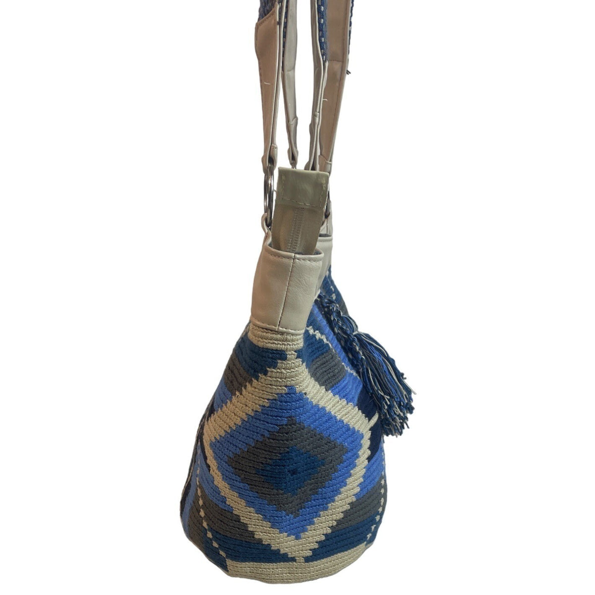 Handcrafted Women's Blue Wool Wayuu Design Ivory Leather Shoulder Bag Sz M