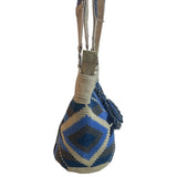 Handcrafted Women's Blue Wool Wayuu Design Ivory Leather Shoulder Bag Sz M