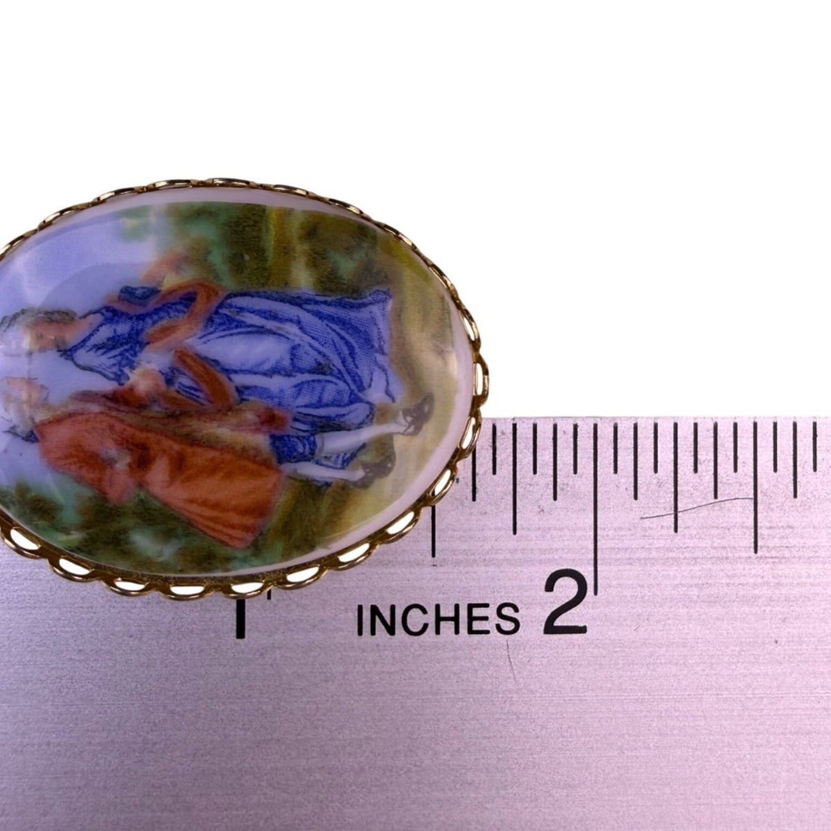 Gold-Tone Metal Hand-Painted Porcelain Scenic Brooch Multicolor Elegant Jewelry