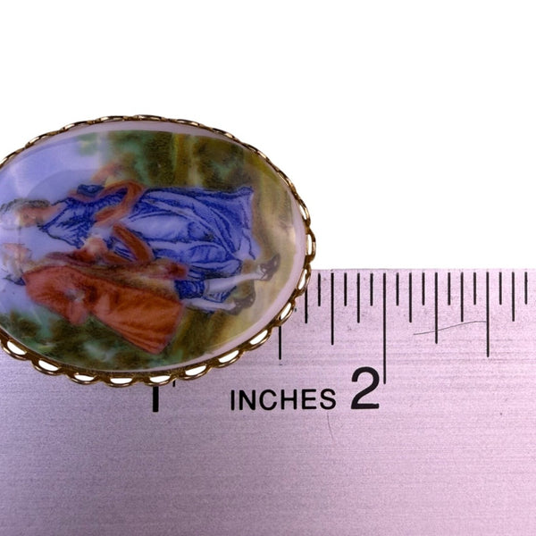 Gold-Tone Metal Hand-Painted Porcelain Scenic Brooch Multicolor Elegant Jewelry