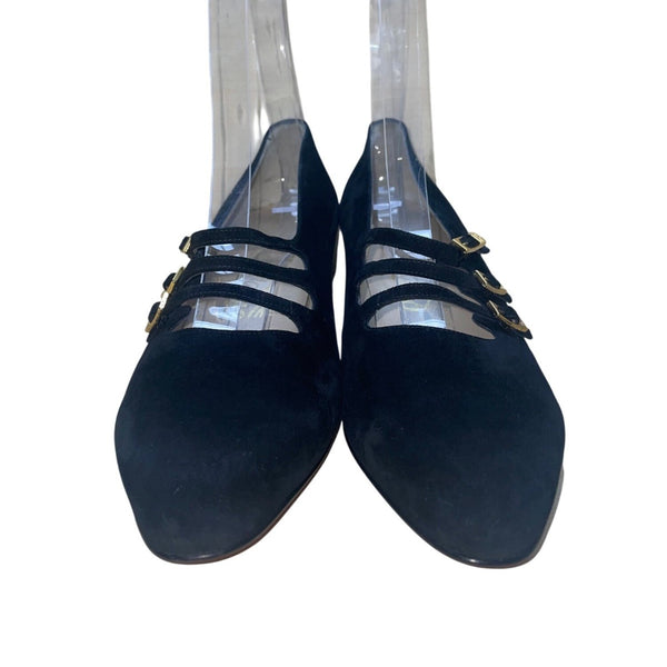 Salvatore Ferragamo Women’s Black Suede Strapped Low Heel Pumps Size 9.5AA