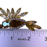 Vintage Amber Clear Rhinestone Bird Brooch Gold Tone Pin Statement