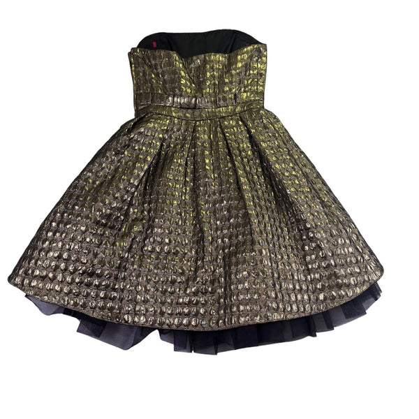 Betsey Johnson Womens Metallic Gold Strapless Dress With Bow Detail Sz 4