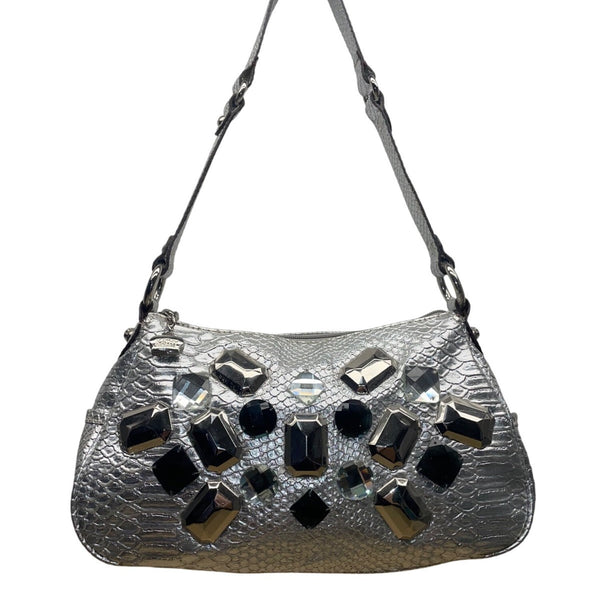 Kathy Women’s Silver Faux Snakeskin With Gemstone Embellishments Shoulder Bag