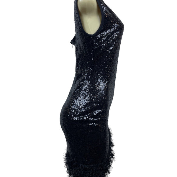 Black Sequin Sleeveless Mini Dress With Fringe Accent