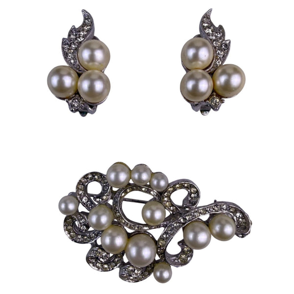 Marvella Women’s Silver Tone Faux Pearl & Rhinestone Brooch & Earrings Set