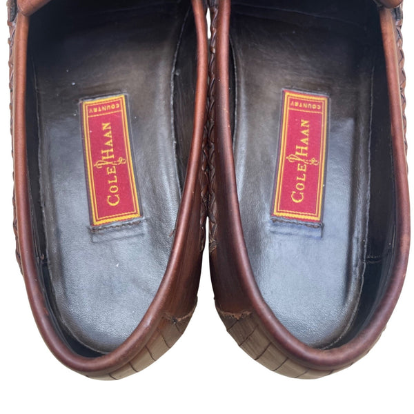 Cole Haan Men’s Brown Leather Slip-On Braided Trim Tassel Loafers Size 10