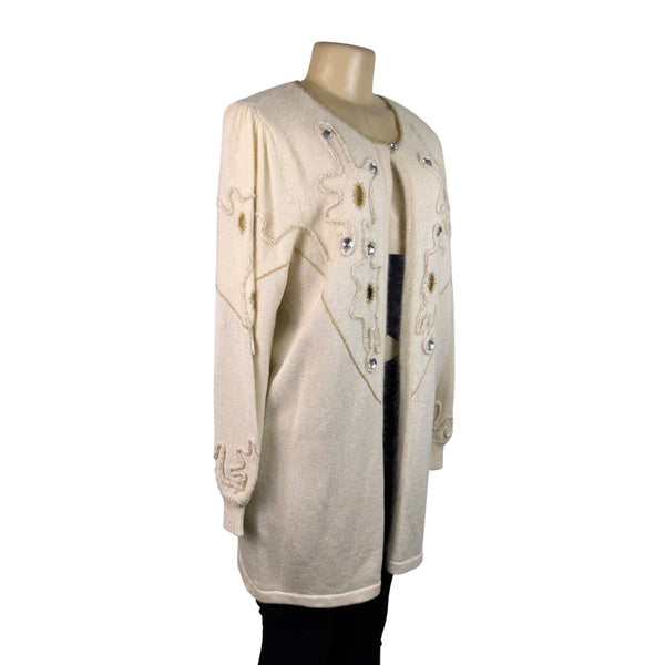 Vintage Madeleine Womens Ivory Embellished Cardigan Long Sleeve Open Front Sz L