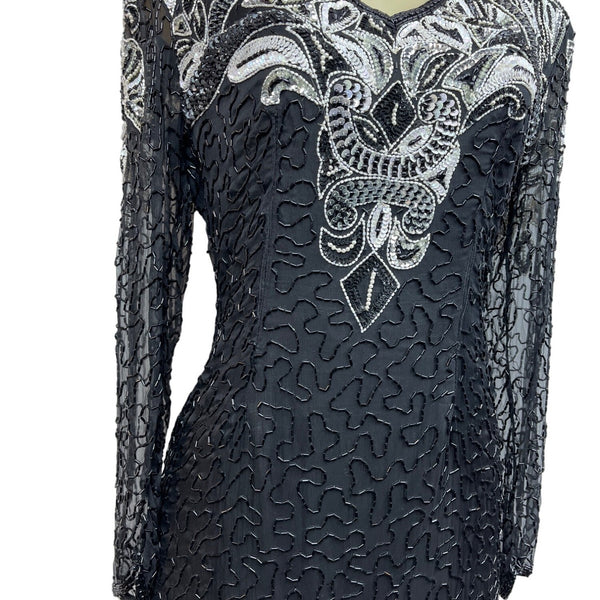 Black & Silver Sequin Beaded Womens Dress Long Sleeve Elegant Design Size M