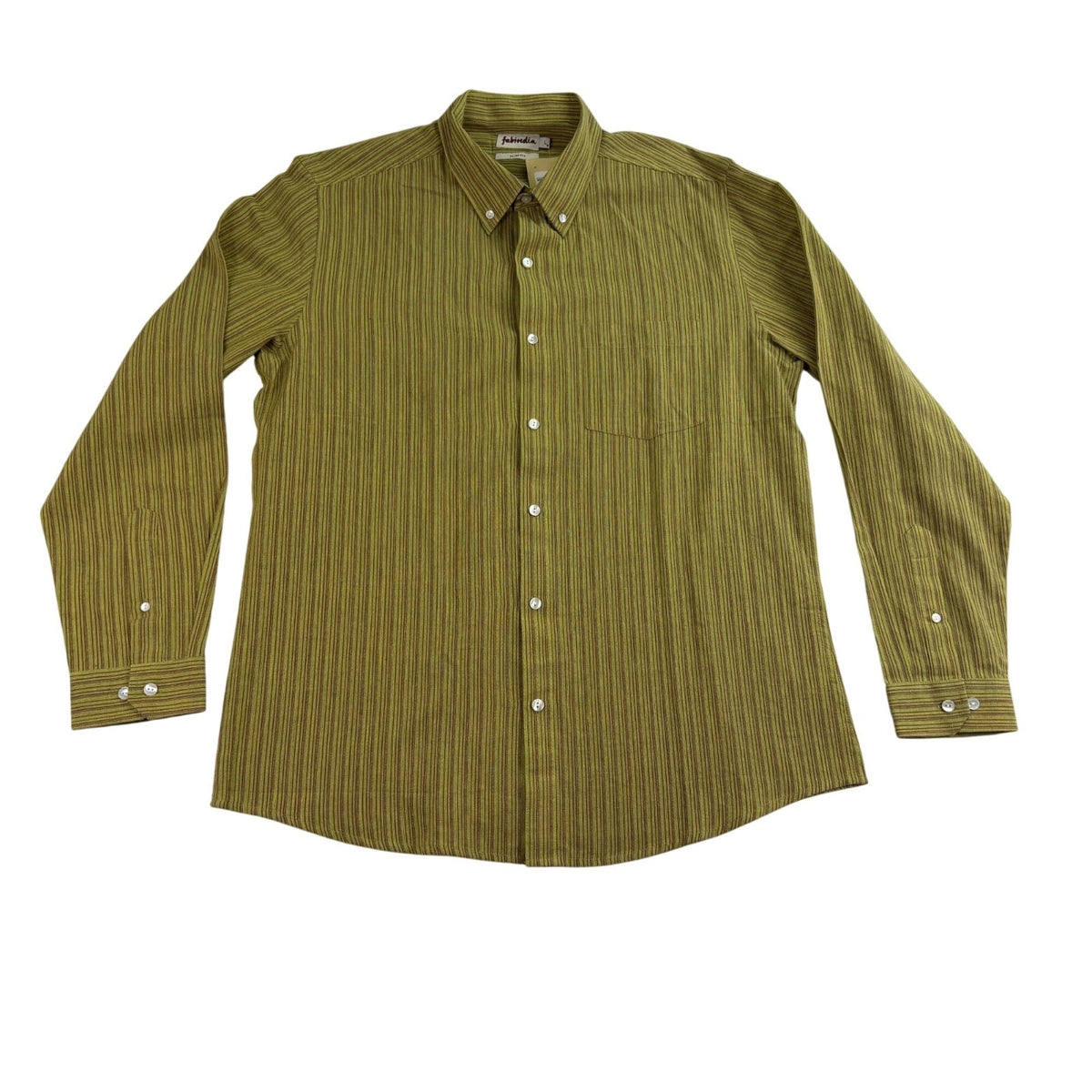 Fabindia Mens Green Striped Cotton Shirt Slim Fit Long Sleeve Size L - New