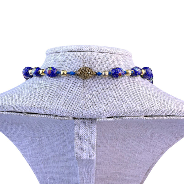 Chinese Cloisonné Womens Blue Bead Necklace Floral Motifs With Gold Spacers