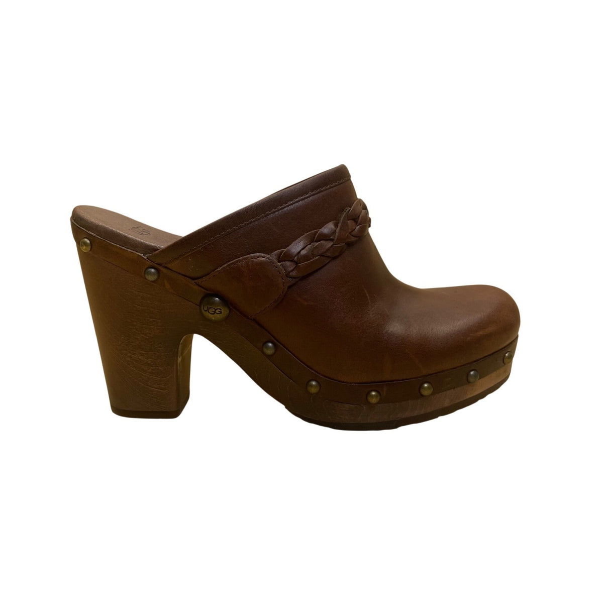 Ugg Women's Brown Leather  With Braided Strap High-Heel Studded Mules Size 8